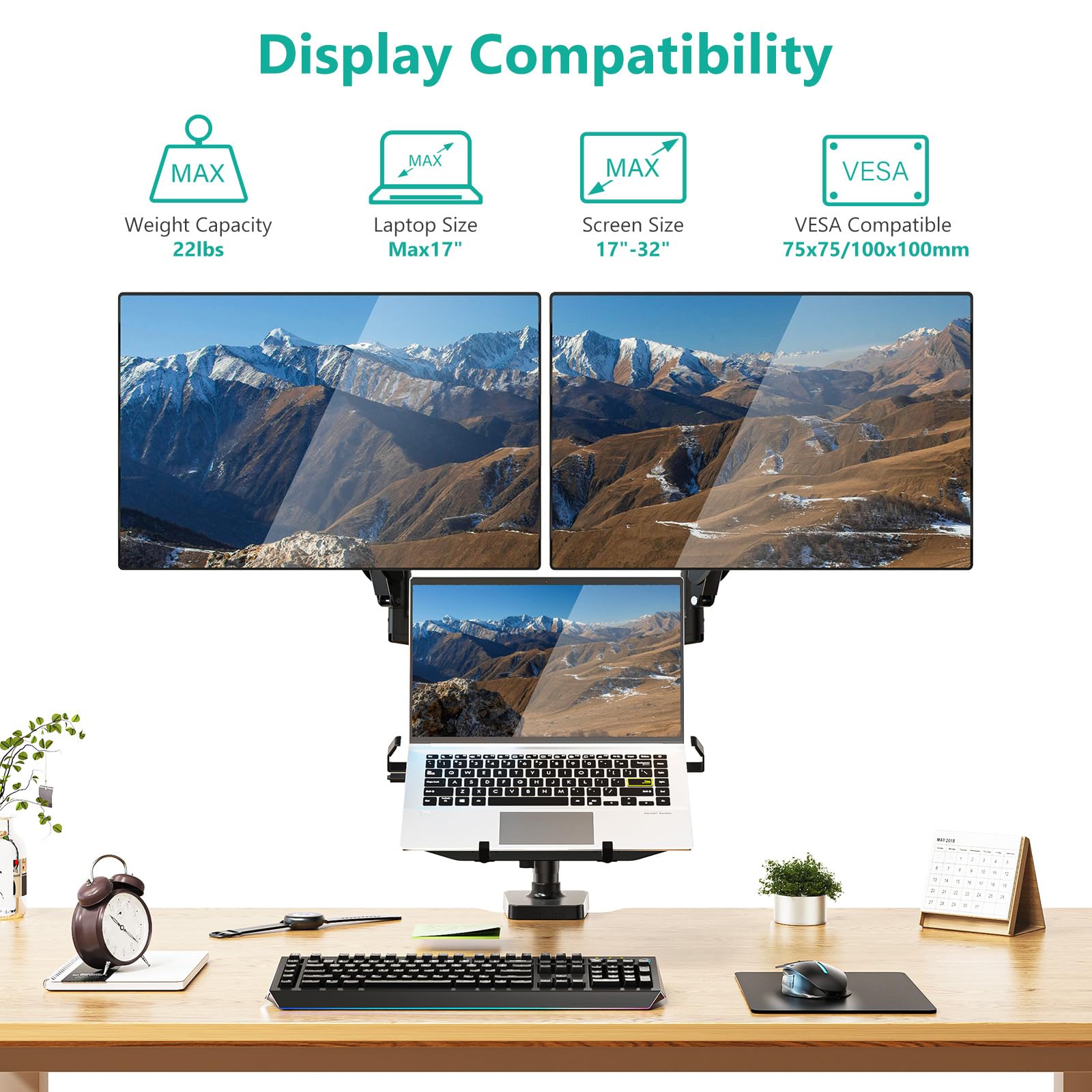 Triple Arm Laptop and Dual Monitor Desk Mount for 17" Notebook and Up to 32" Screens, Adjustable Monitor Arms with Tilt Swivel Rotation, VESA 75x75 100x100, Black