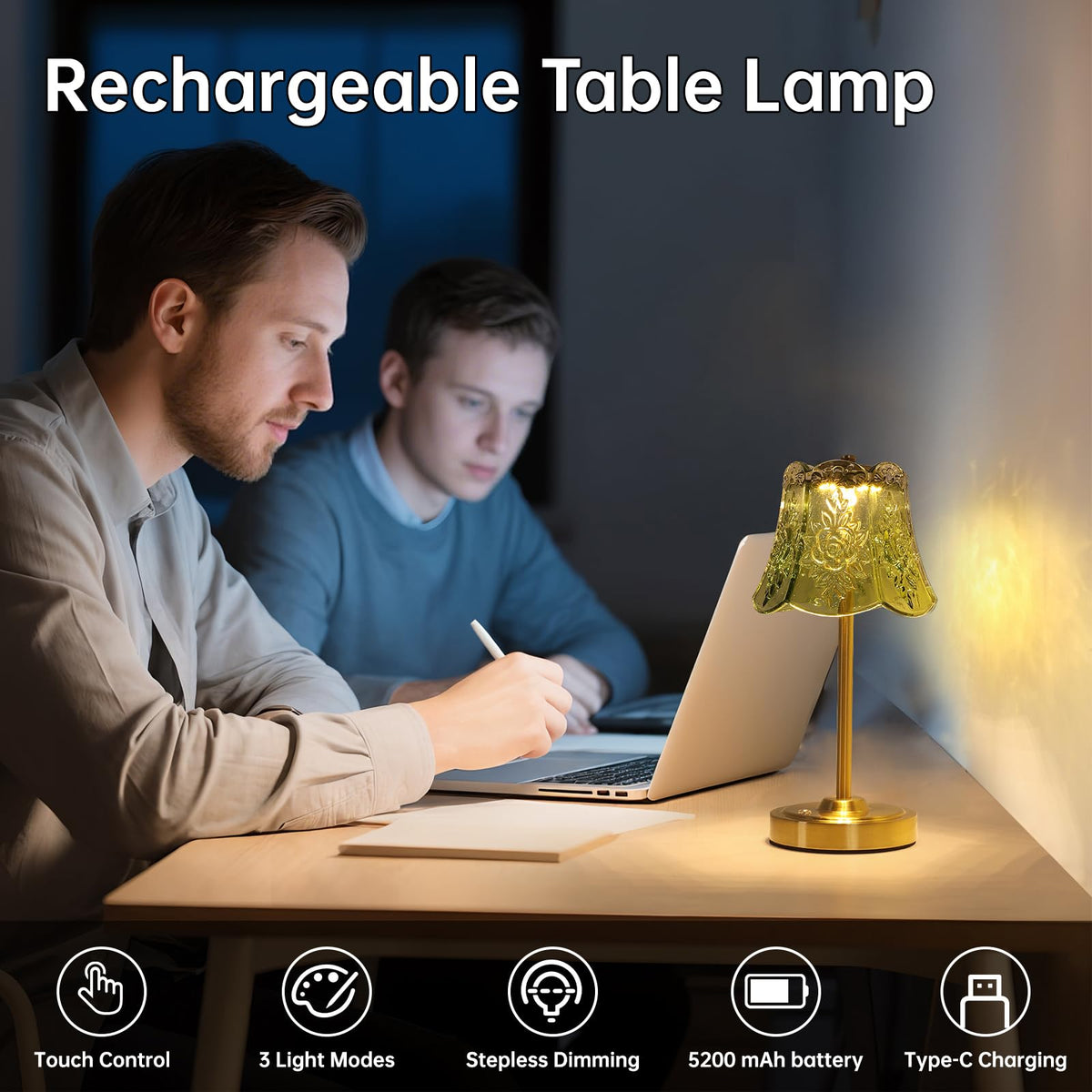 Set of 2 Cordless Touch Table Lamp with 5200mAh Battery - 3 Adjustable Color Temperatures & Dimmable, Rechargeable Lamp for Bedsides, Living Room, Entryway, Bookshelves (Green Rose)