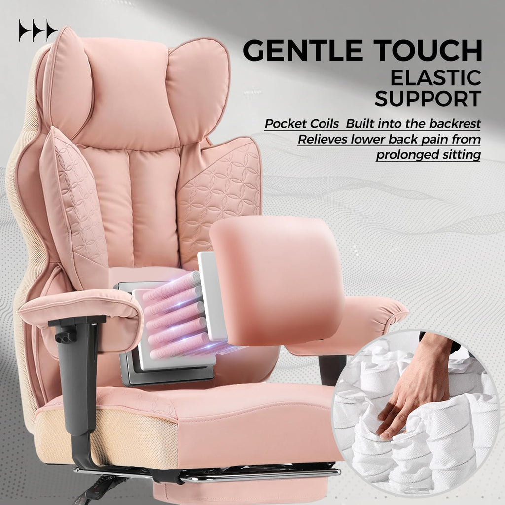 Big and Tall Gaming Chair 400lbs Heavy Duty Office Chair with Foot Rest & Ergonomic Pocket Spring Lumbar Support, High Back 3D Saddle Shaped Cushion for Back Pain Relief, Pink