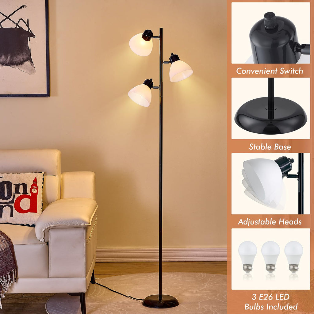 Modern Tree Floor Lamp for Living Room Bedroom, Tall Pole Standing Lamps with 3 Adjustable Rotating Heads for Office, Decor Corner, Reading Indoor, 3 Bright Lights LED Bulbs Included (Black)