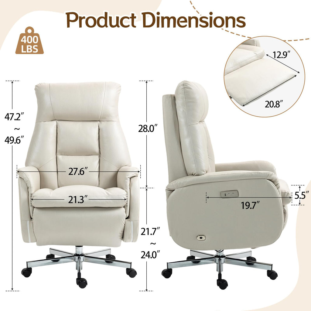 Electric Office Chair with USB Charging, Recliner Executive Office Chair with Footrest, Big and Tall High-Back Desk Chair, 400LBS Weight Capacity, Microfiber, Beige