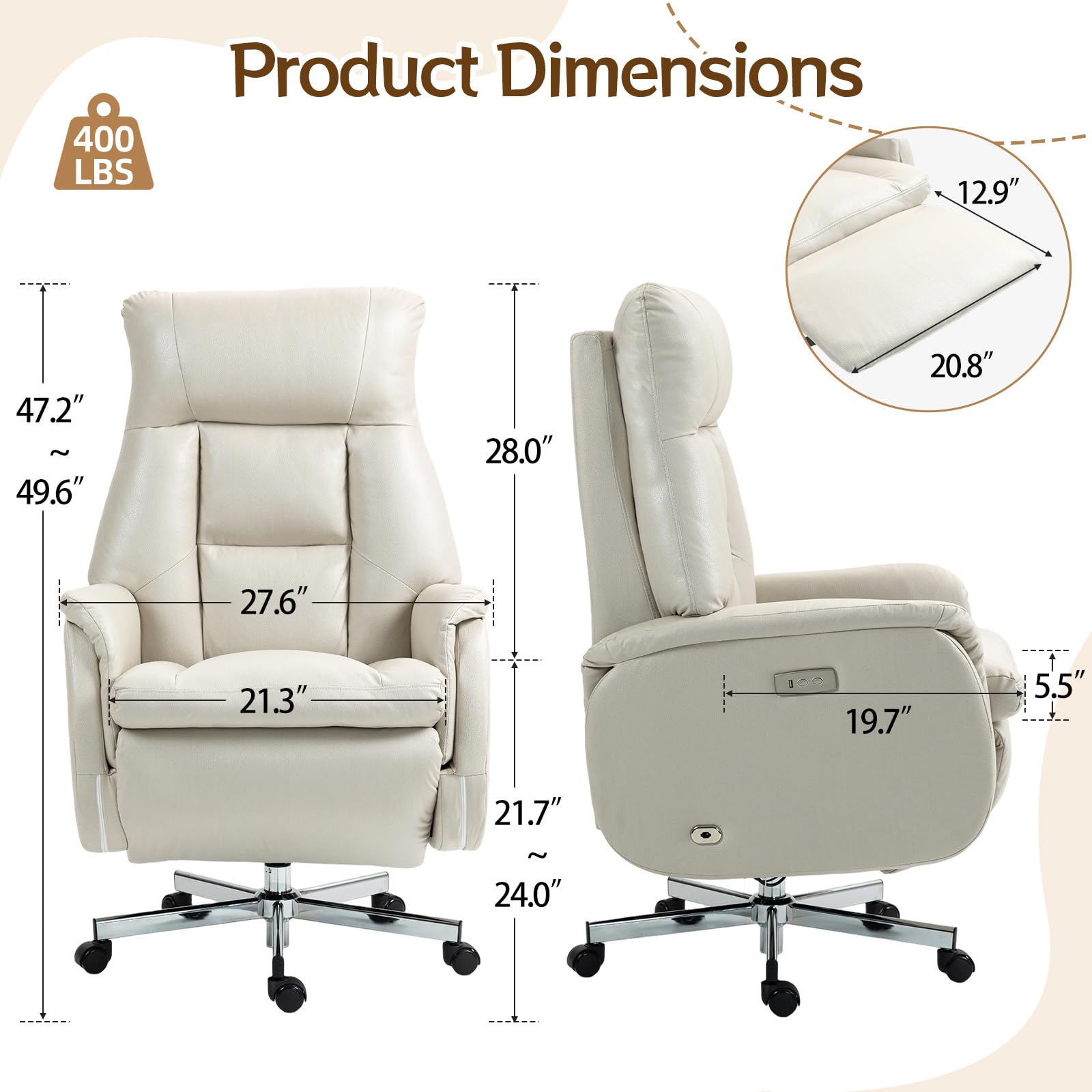 Electric Office Chair with USB Charging, Recliner Executive Office Chair with Footrest, Big and Tall High-Back Desk Chair, 400LBS Weight Capacity, Microfiber, Beige