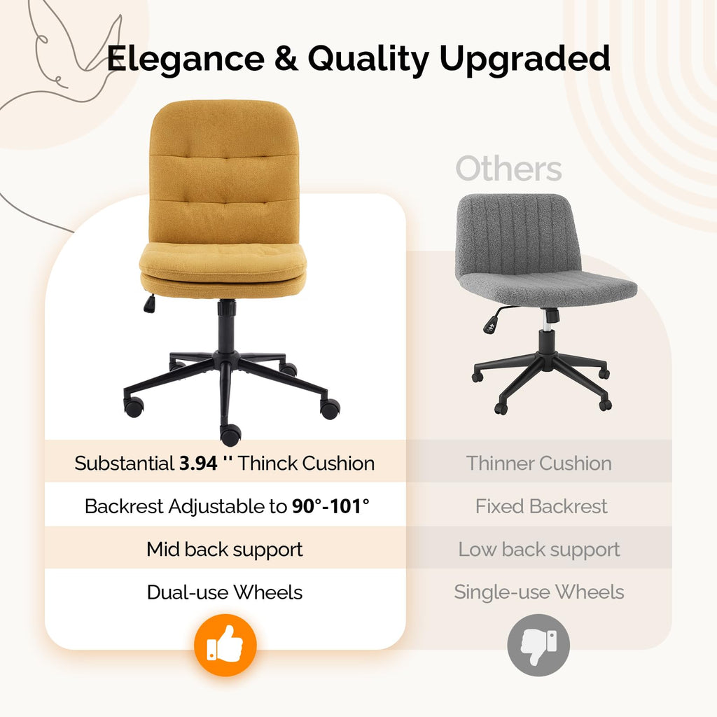 Mid Back Armless Office Desk Chair with Wheels/no Wheels,360°Rocking Swivel Vanity Chair with Thickened Cushion,Adjustable Height Rolling for Reading Room, Make up, Linen Ginger Yellow