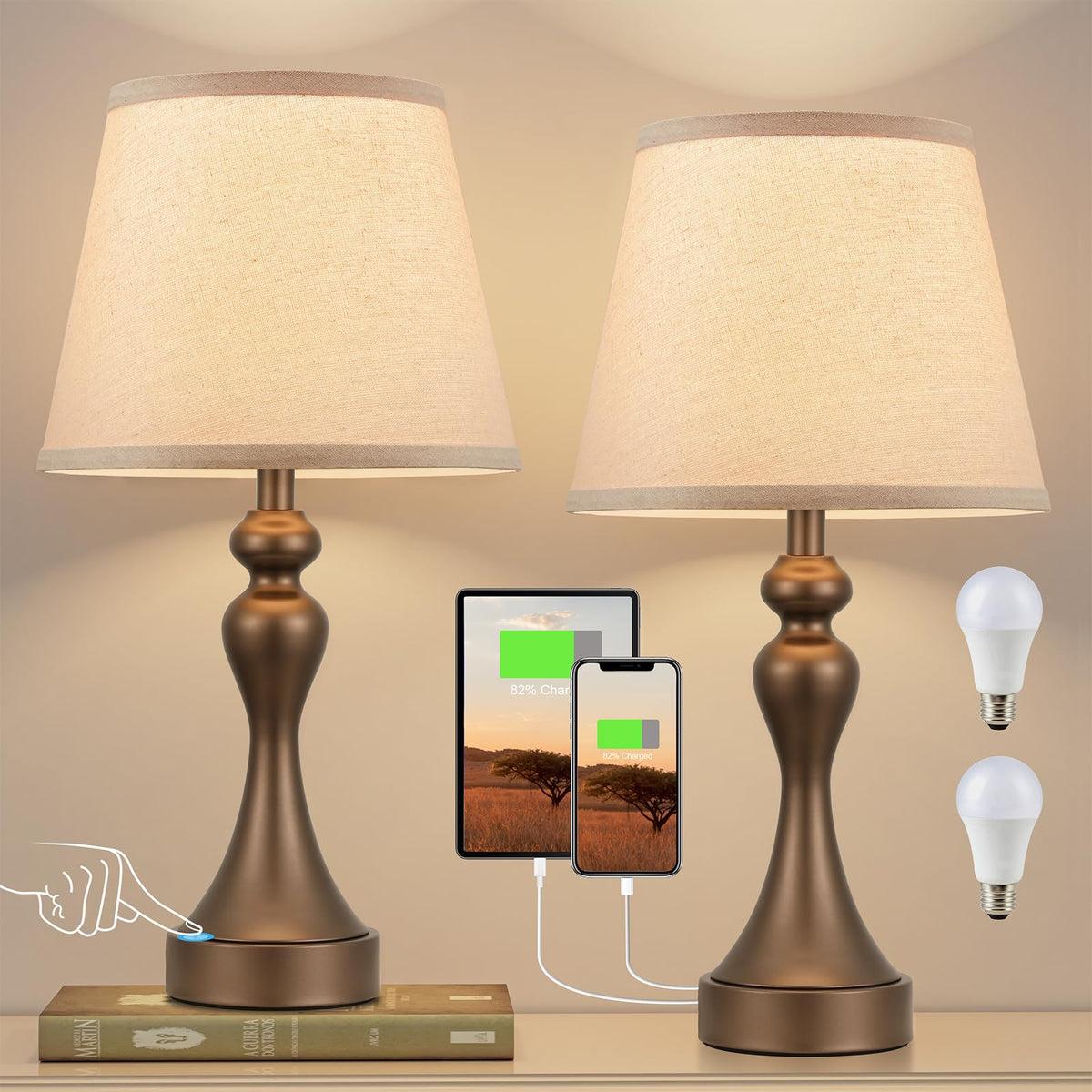 Touch Lamps for Nightstand, 3 Way Dimmable Bedside Lamps with USB C+A Ports
