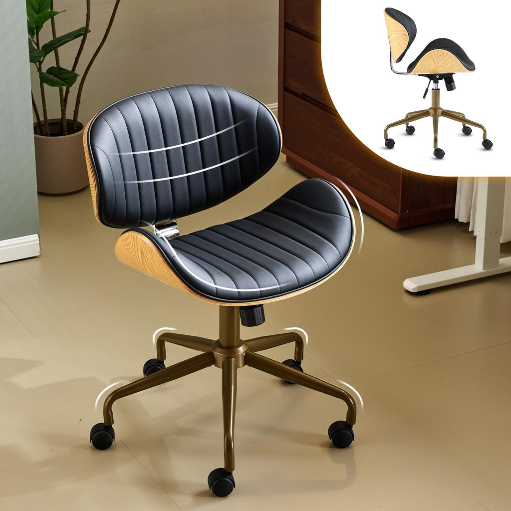 Wide Comfotable Swivel Home Office Chair with Wood-Grain Curved Shell,Ergomomic Mid-Back Padded Armless Rolling Desk Chair with Wheels,Height Adjustable for Computer,Task,Work,PU Leather,Black