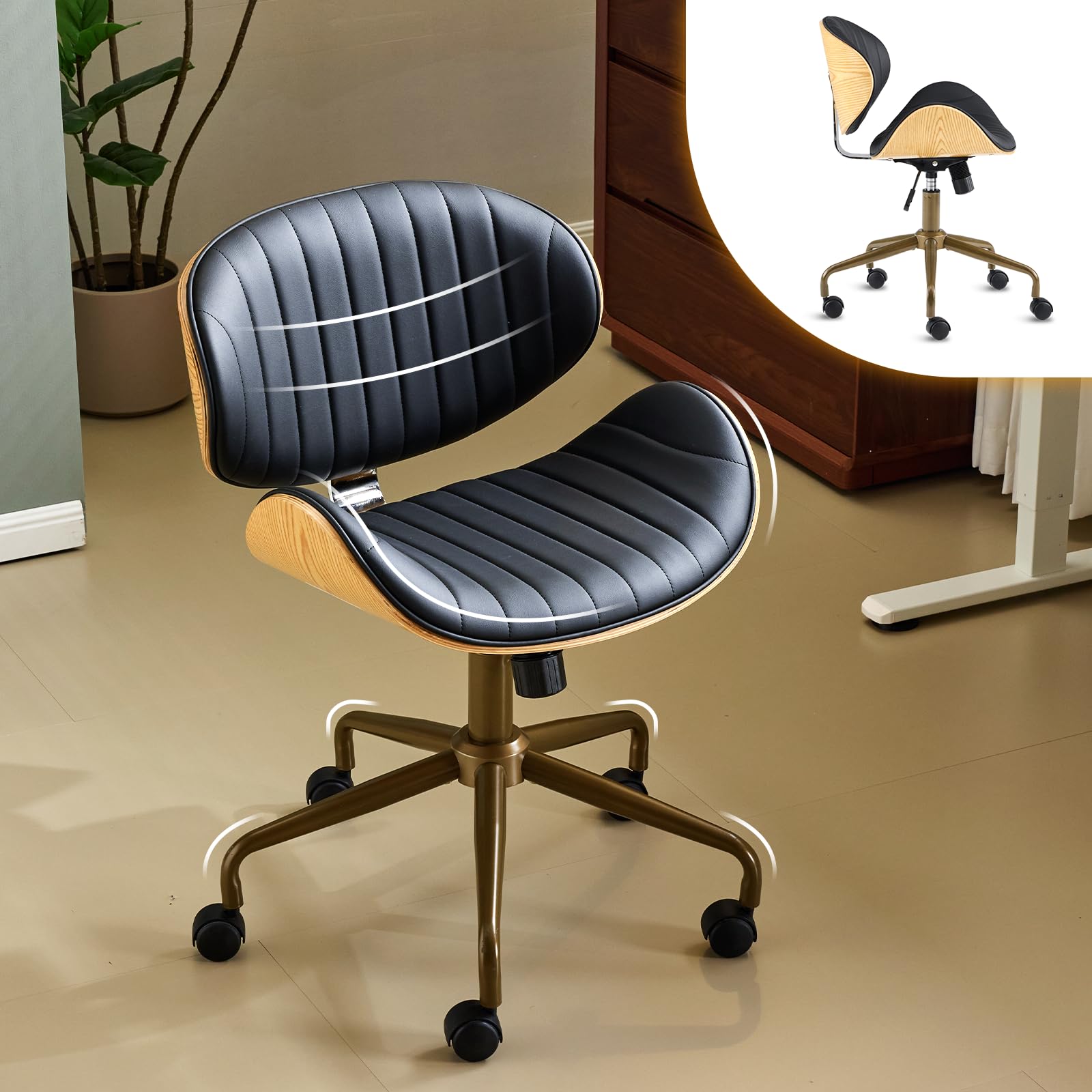 Wide Comfotable Swivel Home Office Chair with Wood-Grain Curved Shell,Ergomomic Mid-Back Padded Armless Rolling Desk Chair with Wheels,Height Adjustable for Computer,Task,Work,PU Leather,Black