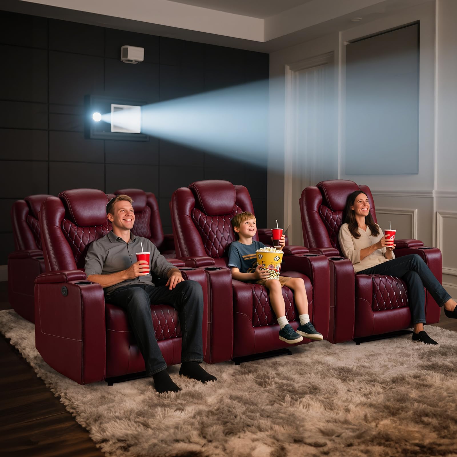 Power Recliner Chair Set of 8, Electric Soft Faux Leather Reclining Home Theater Seating - USB Ports, Cup Holders, Hidden Arm Storage Movie & Media Room Chairs (Red)