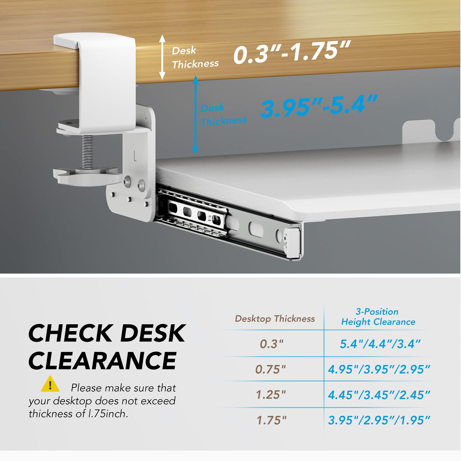 Keyboard Tray Under Desk Pull Out with Extra Sturdy C Clamp Mount System, 27.3 (32.5 inch Including Clamps) x 11 Inch Slide-Out Platform Computer Drawer for Typing White