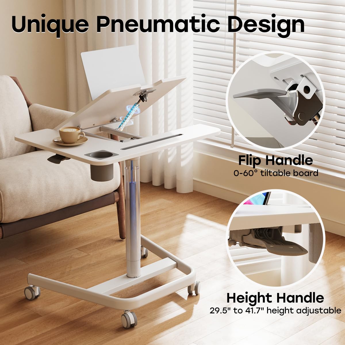 Mobile Standing Desk, Height Adjustable Table, 60° Tiltable Rolling Laptop Desk, Portable Sit Stand Desk with Wheels Cup Holder for Bed Couch School, Holds Up to 22lbs, White