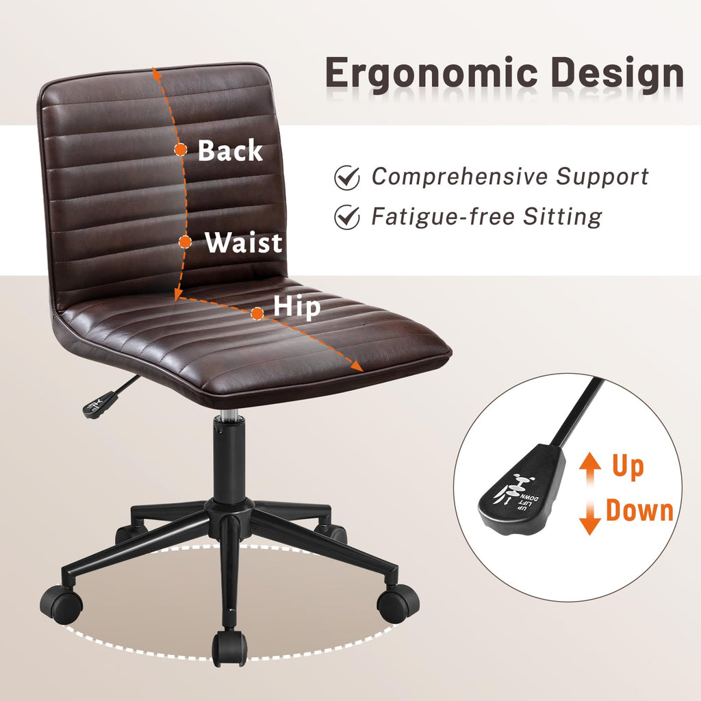 PU Leather Office Desk Chair, Armless Vanity Chair with Wheels 360° Swivel Mid Back Height Adjustable, Computer Rolling Chairs with Gold Metal Base Stool, Black Brown