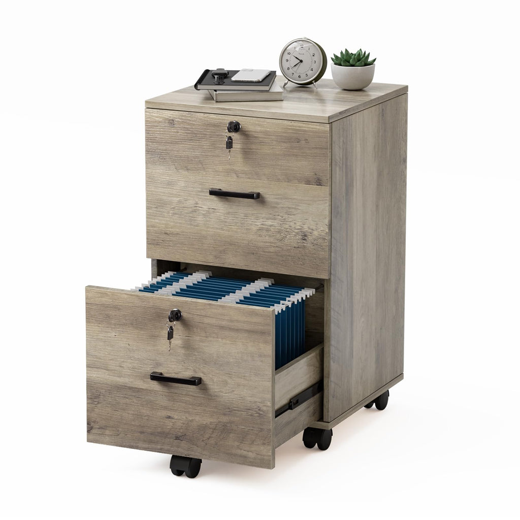2 Drawer File Cabinet with Lock, Wood Rustic Gray Filing Cabinet for Letter Size File Folders with Tabs, Under Desk Rolling File Cabinets for Home Office, Mobile File Organization Printer Stand