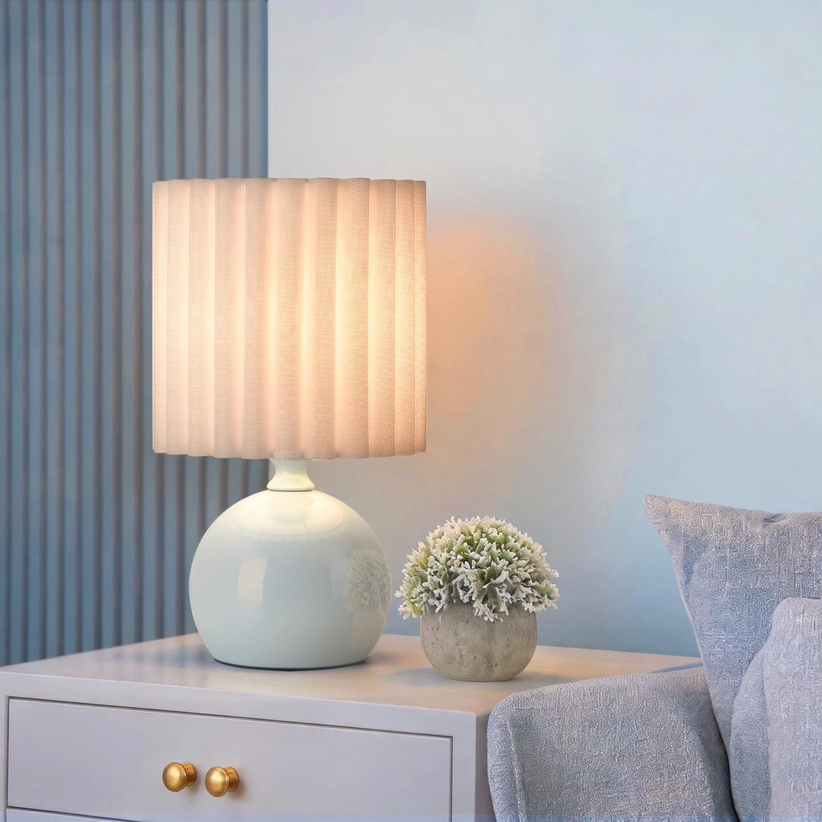 Blue Small Table Lamp with Scalloped Linen Shade, Mini Blue Table Lamp for Bedroom Nightstand, Cute Desk Night Light for Living Room, Bookshelf, Kitchen Counter, Kids Room, Office