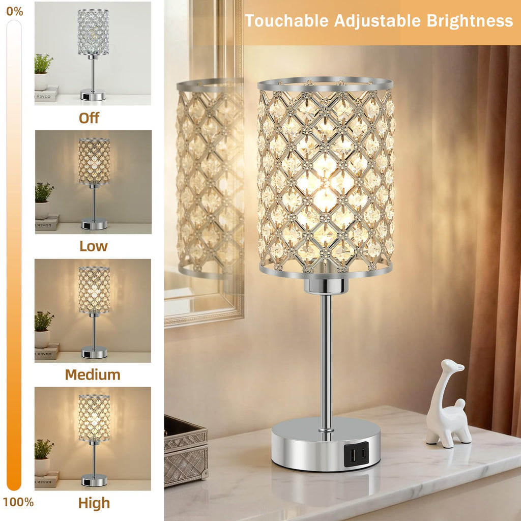 Crystal Table Lamp, Silver Touch Lamp with USB C+A Port, 3-Way Dimmable