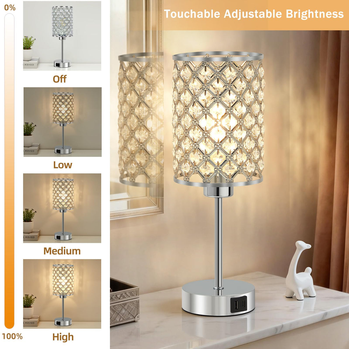 Crystal Table Lamp, Silver Touch Lamp with USB C+A Port, 3-Way Dimmable