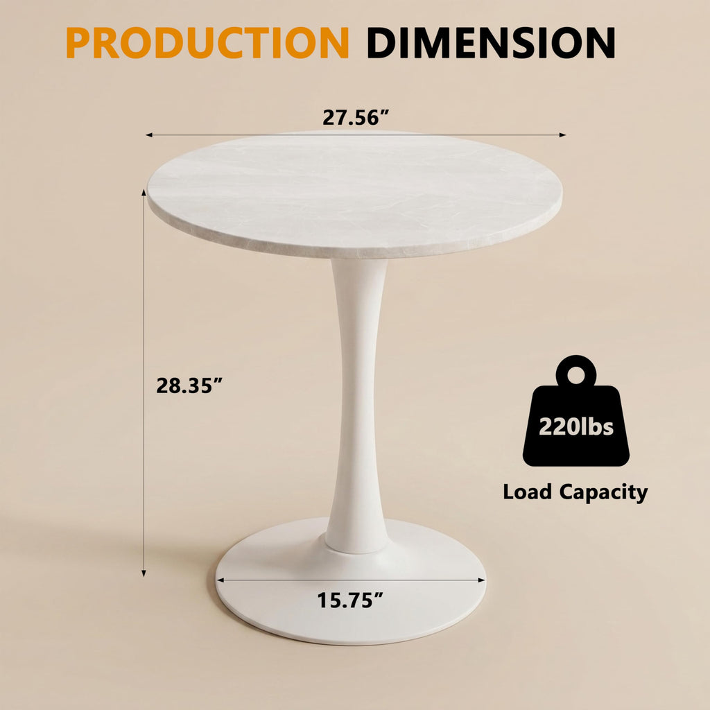 Sybrioka 27.6" Marble Round Tulip Table, Mid-Century Modern Style Dining Table with White Pedestal Base for 2-4 People, Featuring A Marble Tabletop for Kitchen, Dining Room, Cafe (Grayish White)