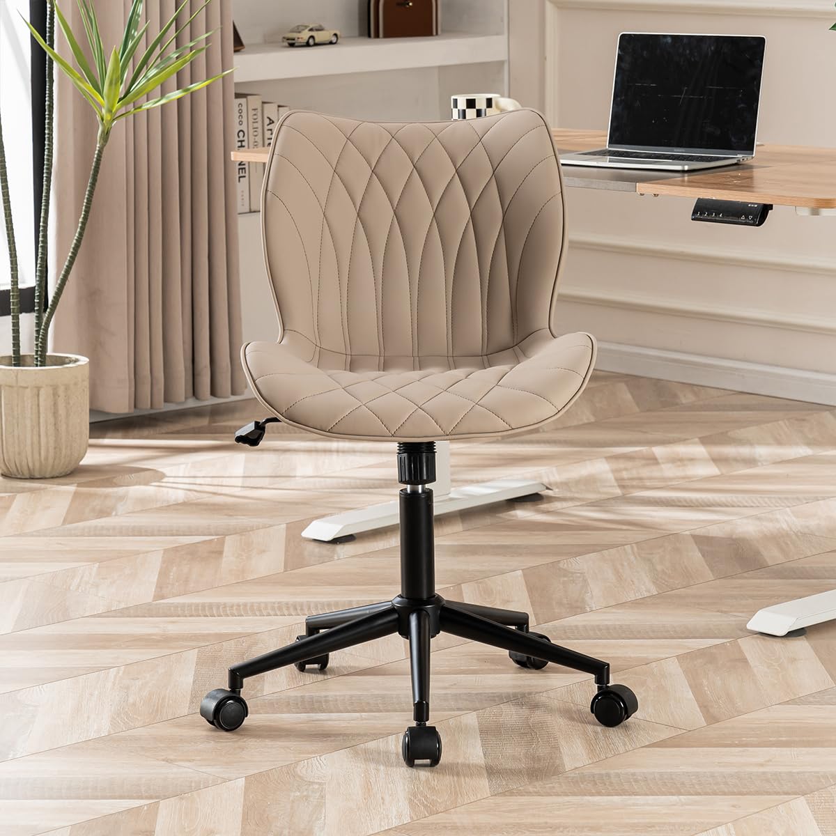 Armless Desk Chair Comfy Office Chair with Wheels Home Ergonomic Task Chair Adjustable Computer Chairs Modern Faux Leather Swivel Chair Upholstered Makeup Vanity Chair with Back(Khaki)