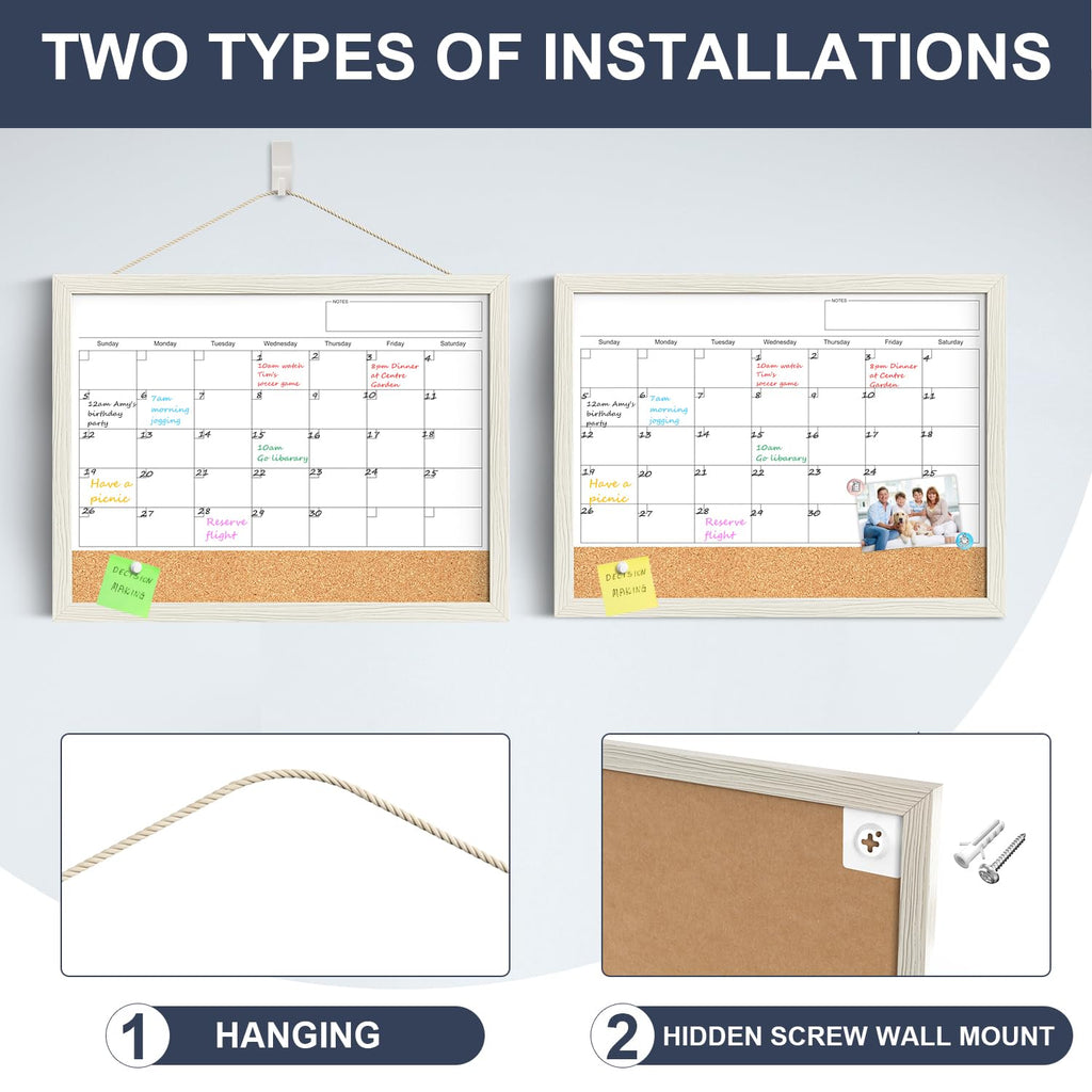 Calendar Whiteboard for Wall, 17x13 Inches Whiteboard Calendar Cork Board Combo, Small Magnetic White Board with Wood Framed, Hanging Dry Erase Board for Kitchen Home Office School Planner