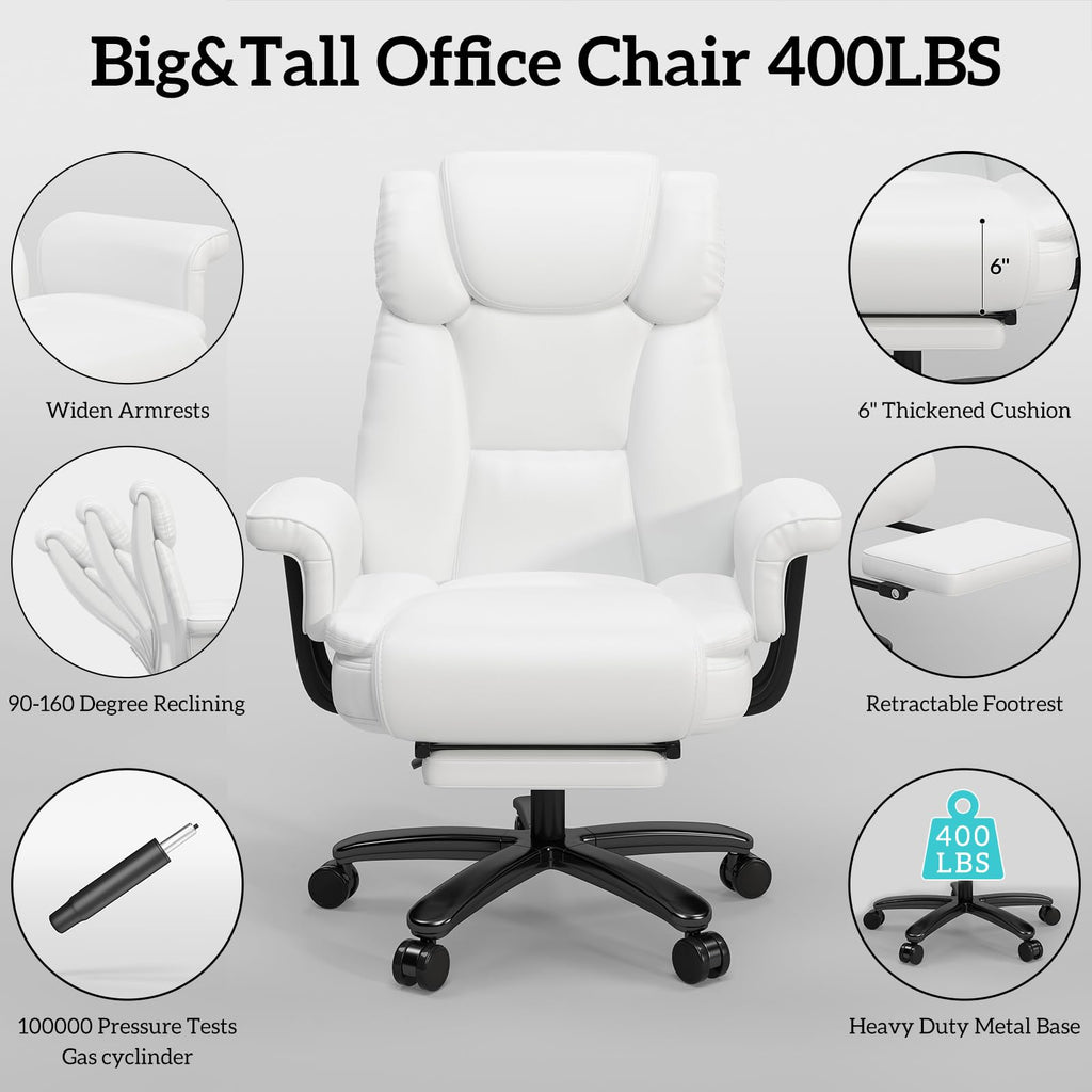 160 Reclining Office Chair with Footrest, Big & Tall Desk Chair, White