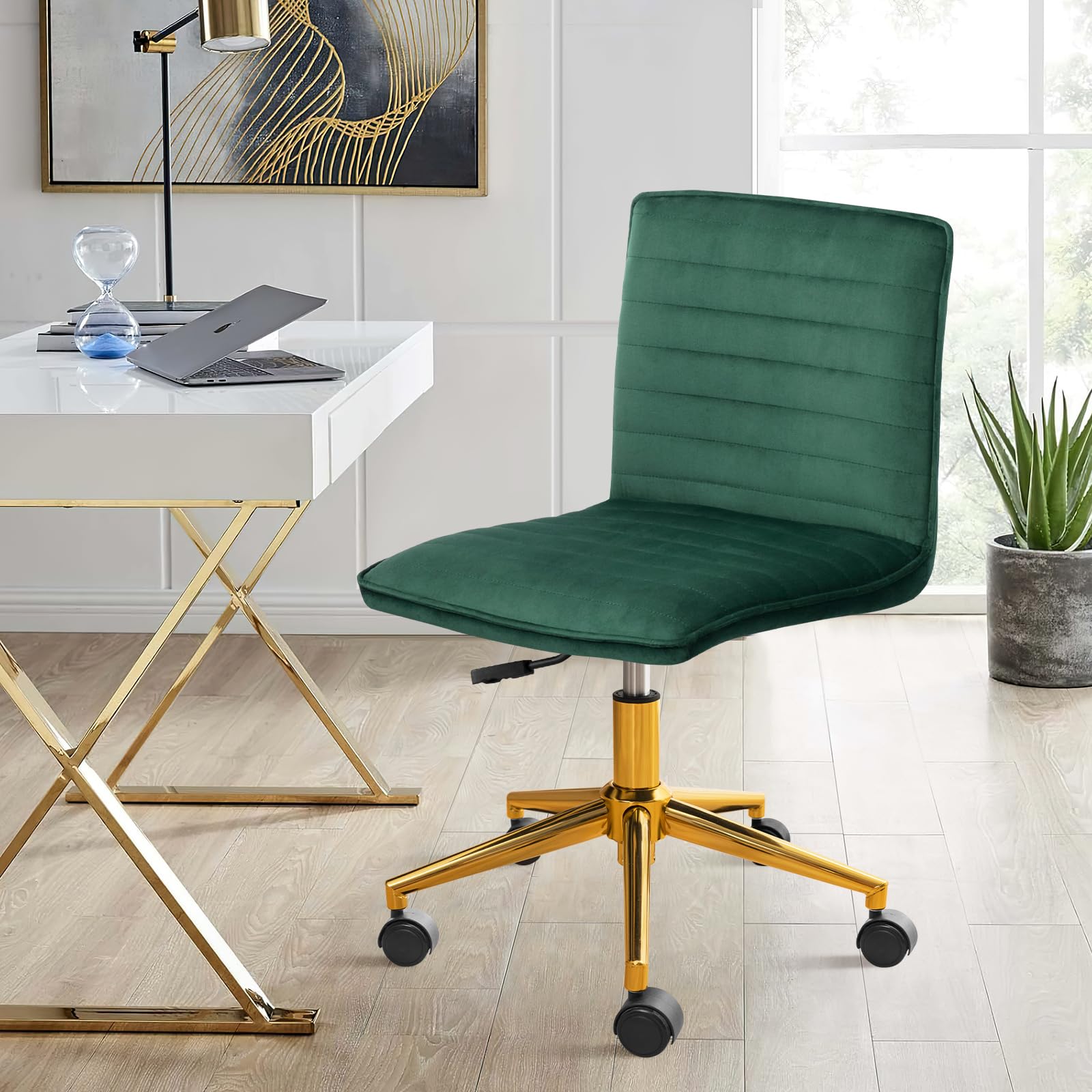 Armless Vanity Chair with Wheels, Computer Rolling Desk Chair with Back Soft Velvet Fabic Height Adjustable Gold Metal Base Swivel Stool Chairs,DarkGreen