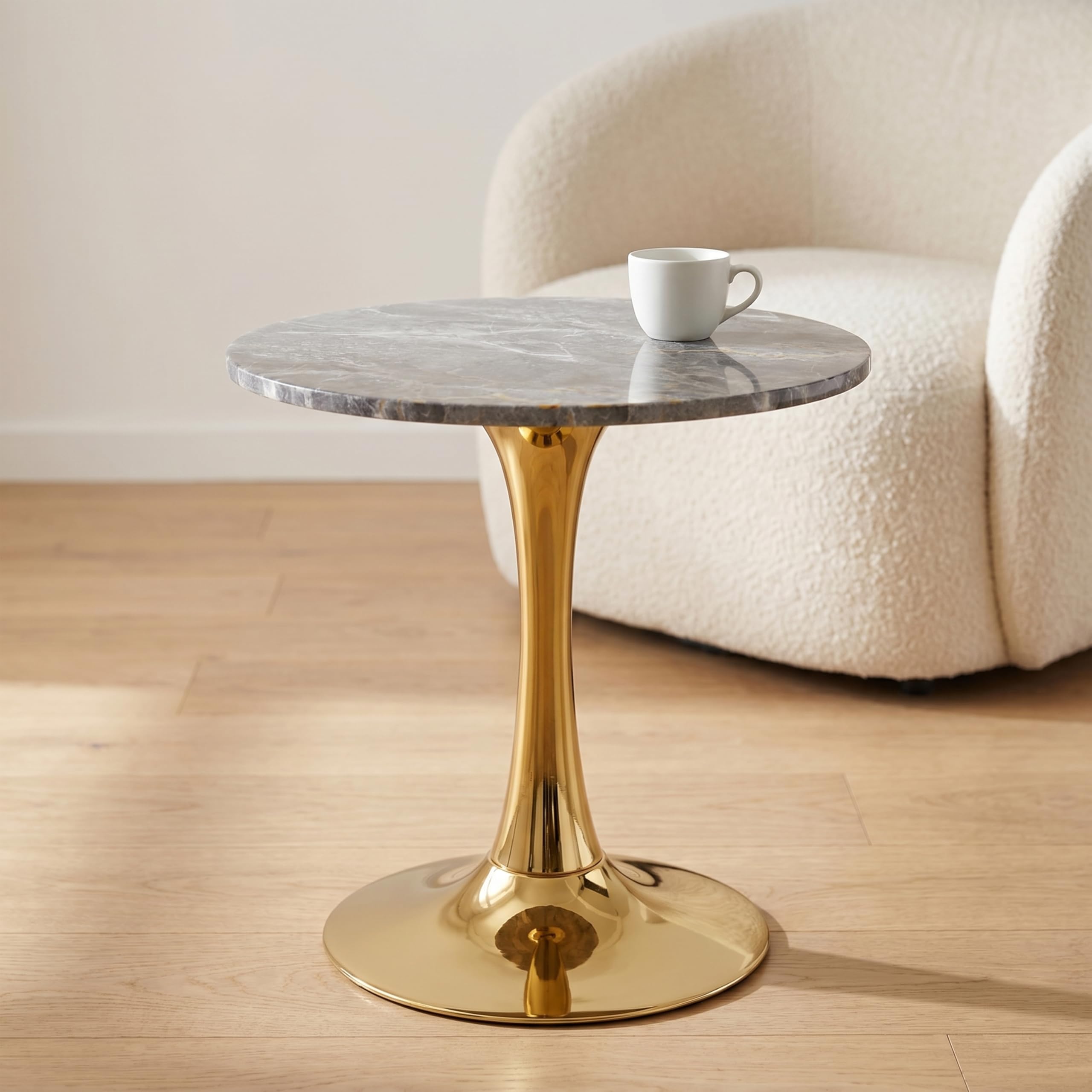 27.6" Marble Round Tulip Table, Mid-Century Modern Style Dining Table with Gold Pedestal Base for 2-4 People, Featuring A Marble Tabletop for Kitchen, Dining Room, Cafe (Dark Grey)