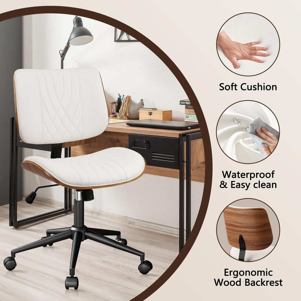 Armless Home Office Chair, Desk Chair with Wheels, Adjustable Height Reading Chair, Leather Mid Back & Swivel Computer Chair, Modern Walnut Chairs with Back for Studio Meeting Room(White)