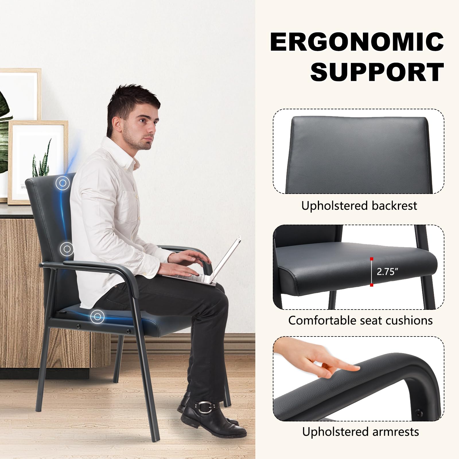 8 Pack Office Guest Reception Chair 600 lbs Capacity Leather Conference Room Chairs with Padded Armrests No Wheels Desk Chair Black