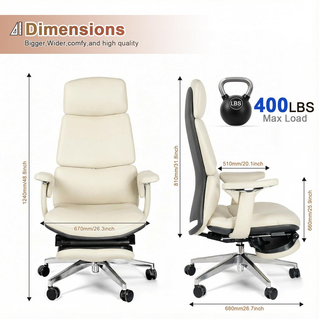 Genuine Leather Office Chair with Flexible Footrest, High Back Executive Office Chair with Lumbar Support, Adjustable Tilt Mechanism, Weight Capacity 400 lbs (White)
