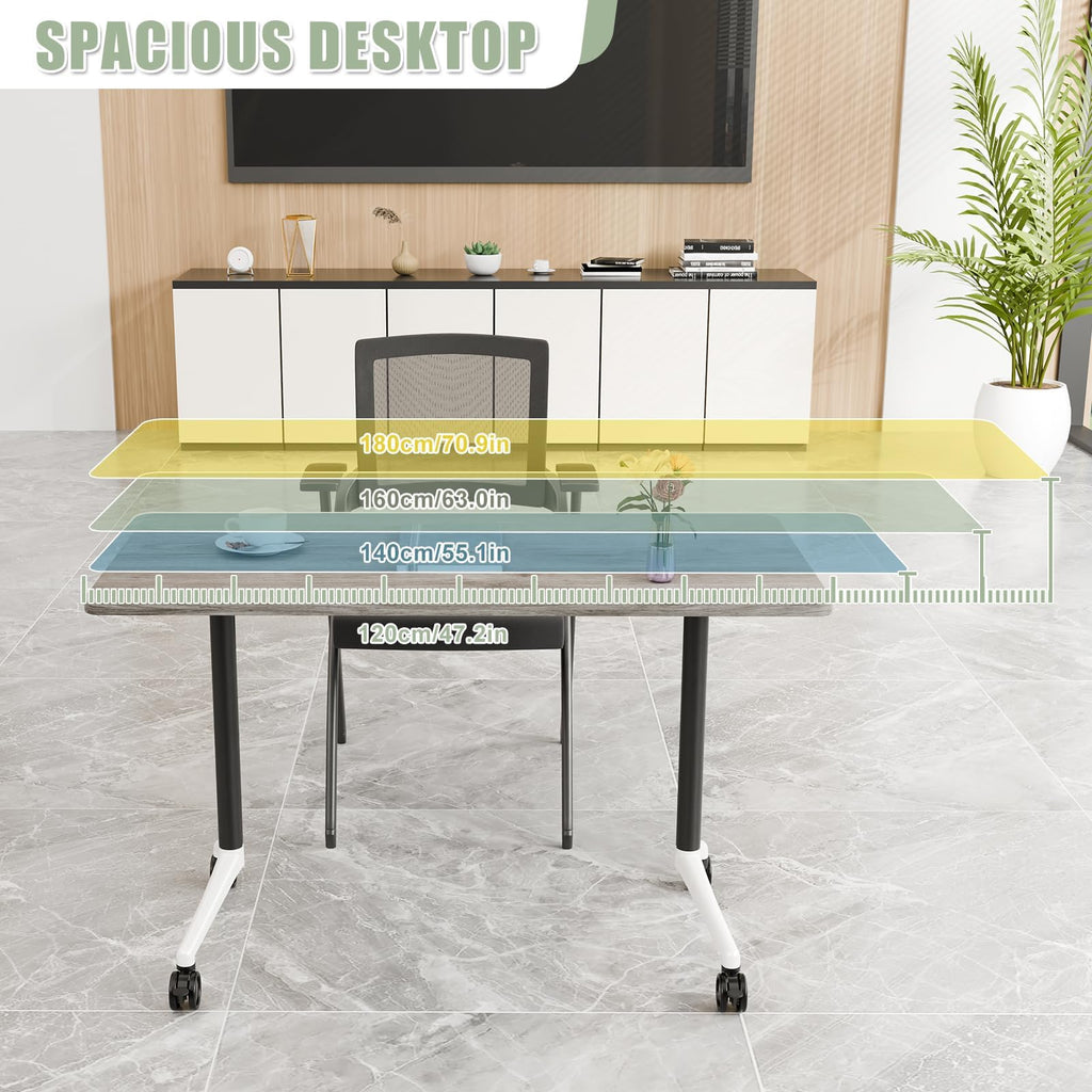 Conference Room Tables White,Folding Rectangular Flip Top Conference Table with Wheels for Large Meeting Seminar Home Office Classr (2, Grey, 61in)
