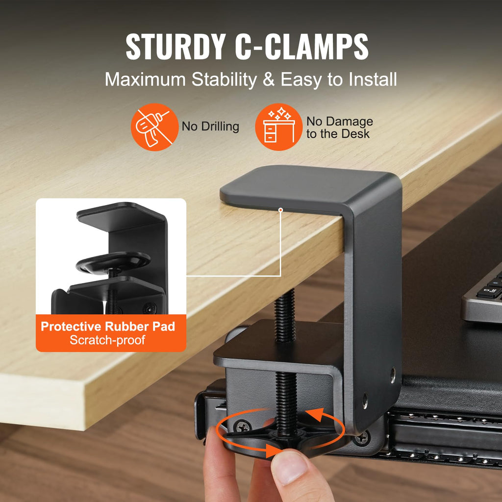 Clamp on Keyboard Tray Under Desk, Desk Keyboard Tray Slide Out with Sturdy No-Drill C Clamp Mount, Large 26.8 x 11 inch Slide-Out Computer Drawer for Typing in Home, Office Work