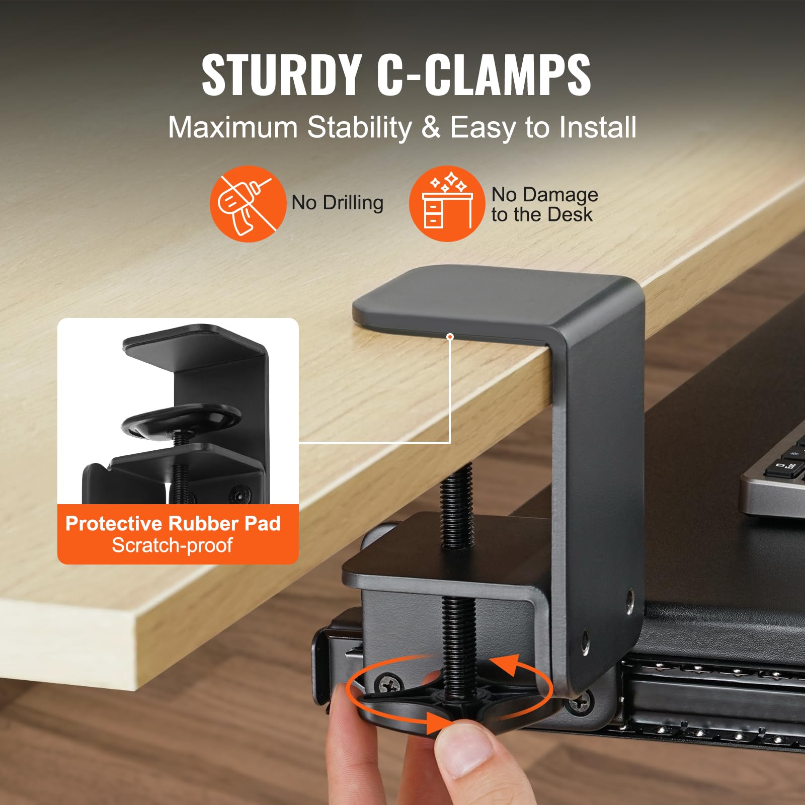 Clamp on Keyboard Tray Under Desk, Desk Keyboard Tray Slide Out with Sturdy No-Drill C Clamp Mount, Large 26.8 x 11 inch Slide-Out Computer Drawer for Typing in Home, Office Work
