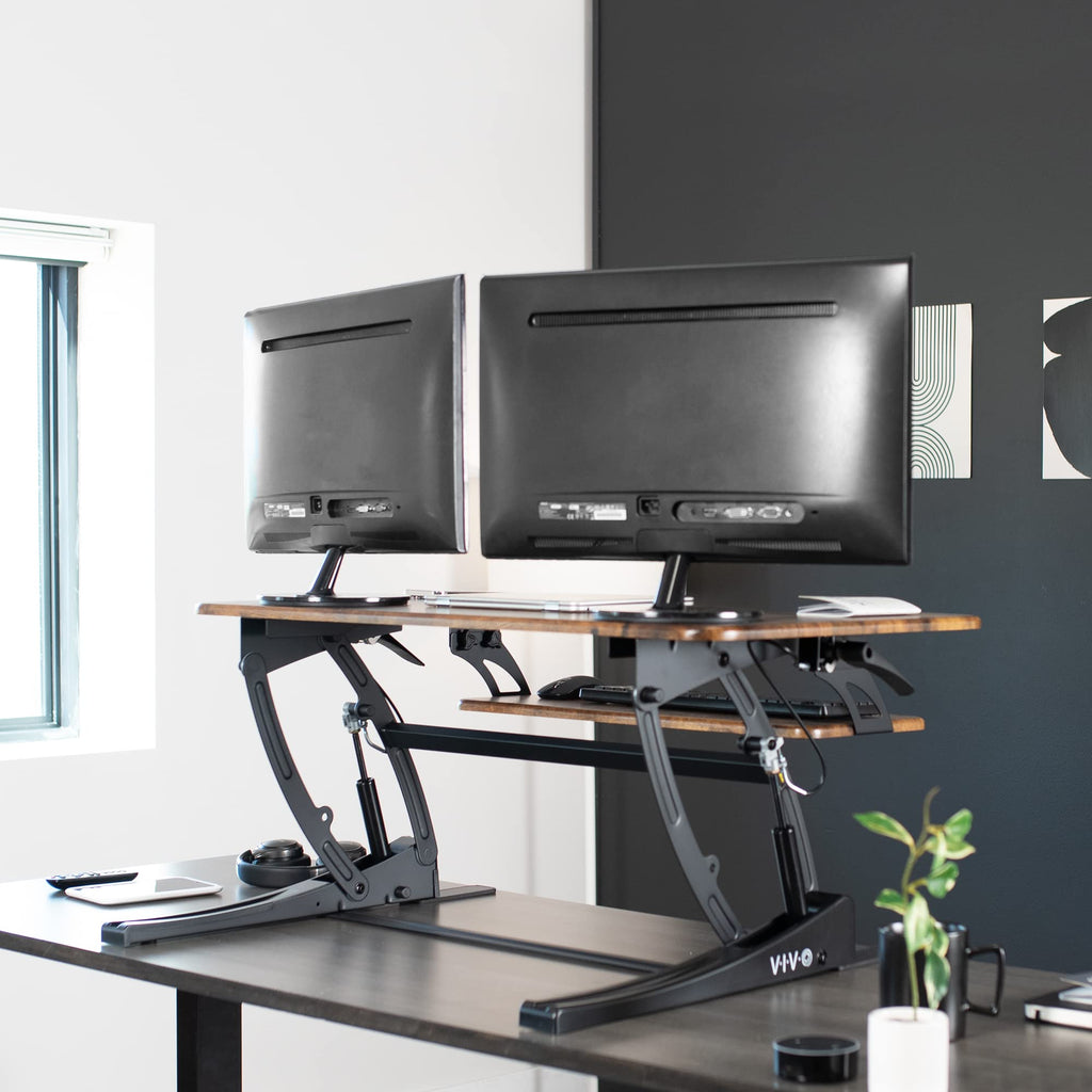 42 inch Height Adjustable Stand Up Desk Converter, V Series, Quick Sit to Stand Tabletop Dual Monitor Riser Workstation, Rustic Vintage Brown Top, Black Frame, DESK-V000VLN