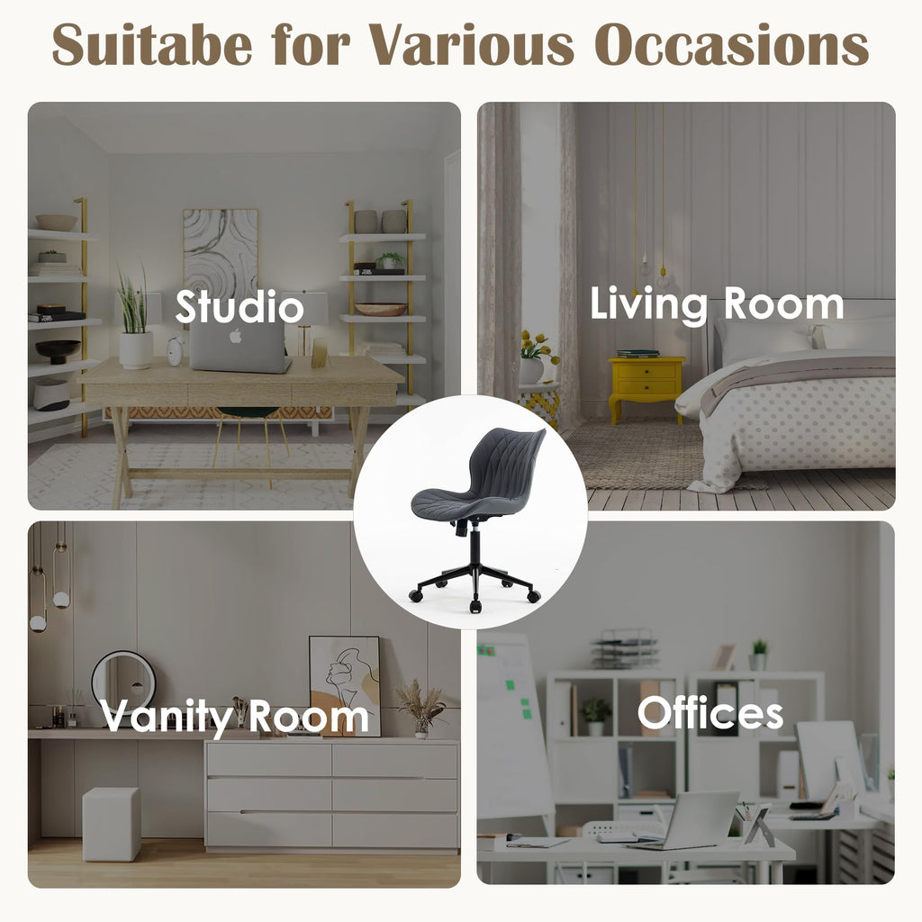 Armless Desk Chair Comfy Office Chair with Wheels HomeTask Chair Adjustable Computer Chairs Modern PU Leather Swivel Chairs Upholstered Makeup Vanity Chair(Grayish Purple)