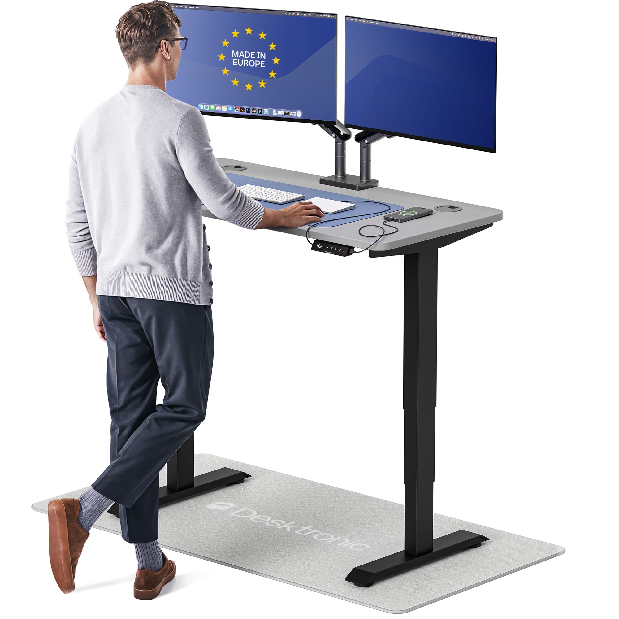 Standing Desk 48x24 — Made in Europe, Ergonomic Sit Stand Home Office Desk, Electric Height Adjustable, Dual Motor, USB & USB-C Charging, Wobble-Free, Touchscreen, 3 Memory Presets