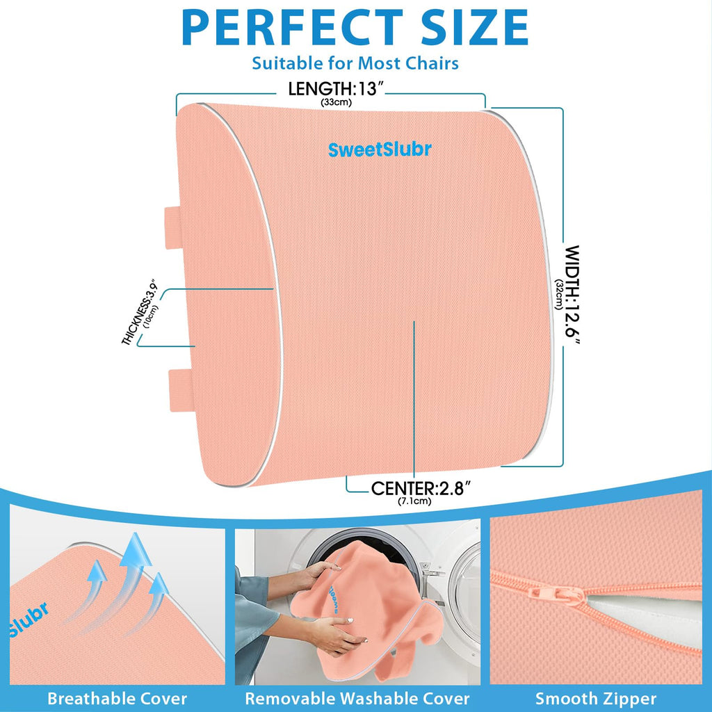 Lumbar Support Pillow for Office Chair, Car & Gaming Chair, Ergonomic Memory Foam Cushion for Back Comfort, Zoned Back Support, Double Adjustable Straps, Breathable Washable Cover, Pink