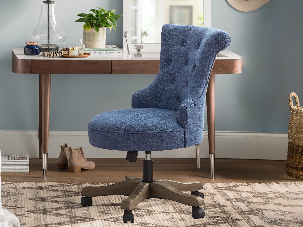 Home Office Chair Upholstered Armless Desk Chair with Wheels Adjustable Height Computer Desk Chair with Wooden Legs Linen Comfortable Swivel for Farmhouse Study Studio (Blue)