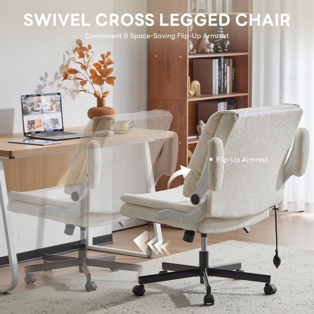 Criss Cross Office Chair with 2 in 1 Inflatable Flip-up Back, Ergonomic Wide Seat Desk Chair with Adjustable Arms and Wheels, Cross Legged Office Chair for Home & Office, Beige