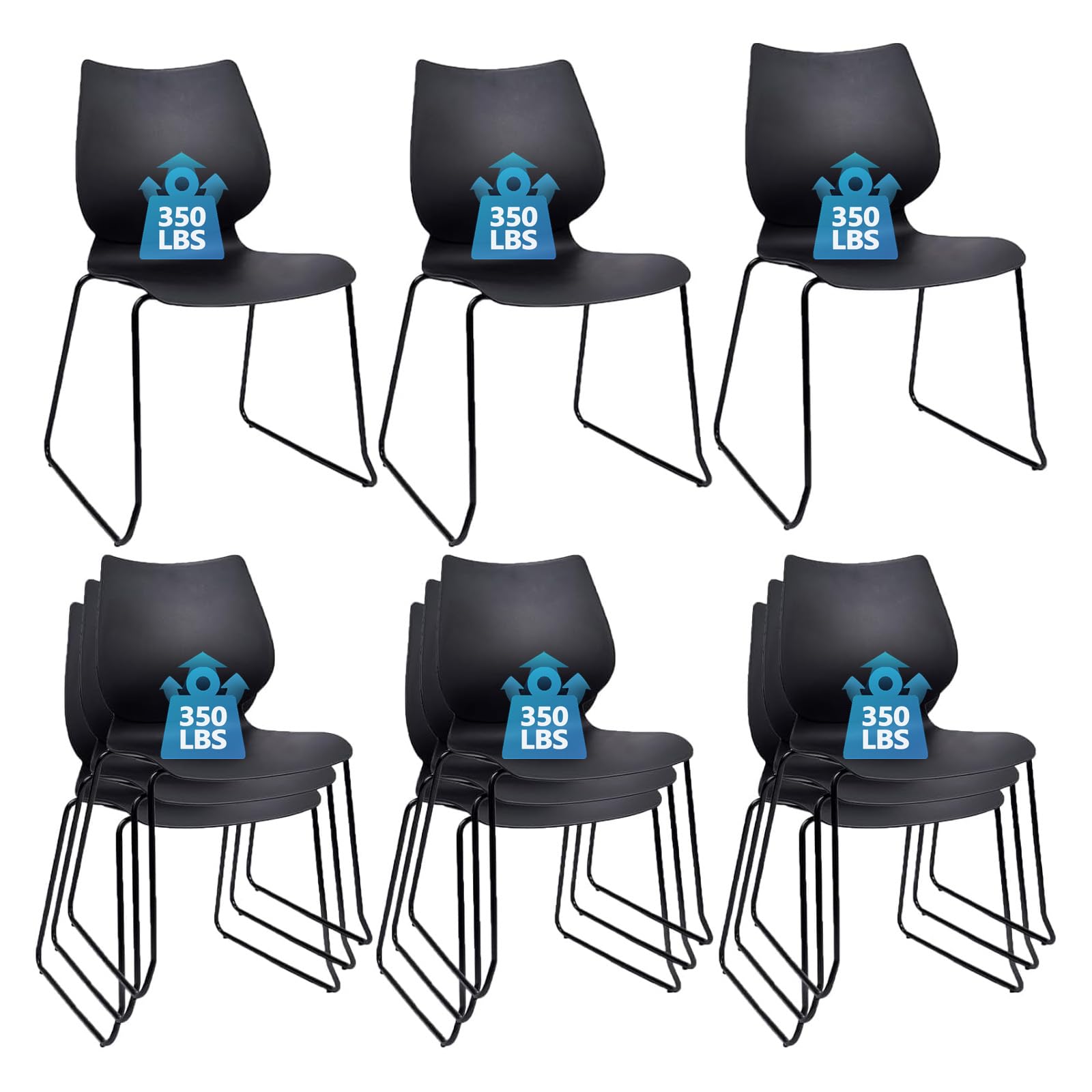 Set of 12, Stackable Waiting Room Chair, Stacking Office Chair with Ergonomic Lumbar Support and Metal Legs, Plastic Desk Chairs for Conference School Church Guest Reception , Black