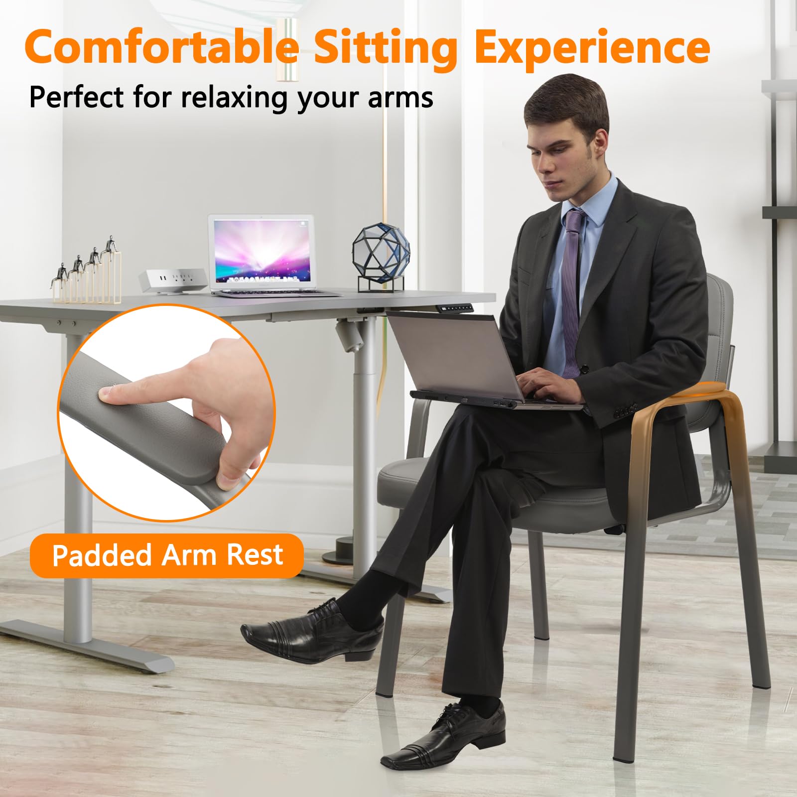 Waiting Room Guest Chair with Bonded Leather Padded Arm Rest for Office Reception and Conference Desk (Grey 1 Pack)