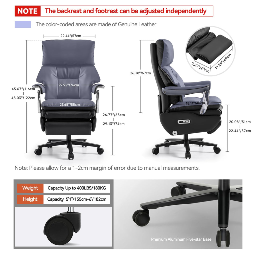 Ergonomic Office Chair with Foot Rest Electric Executive Office Chair-Power Reclining with Massage Big and Tall High Back Computer Chair with Wheels, Sustainable Leather（Black）