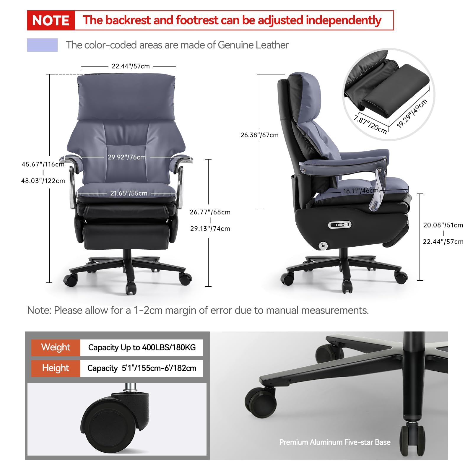 Ergonomic Office Chair with Foot Rest Electric Executive Office Chair-Power Reclining with Massage Big and Tall High Back Computer Chair with Wheels, Sustainable Leather（Black）