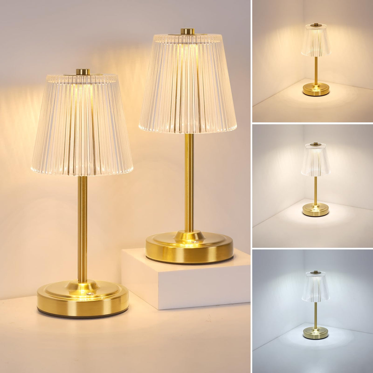 Set of 2 Cordless Touch Table Lamp with 5200mAh Battery - 3 Adjustable Color Temperatures & Dimmable, Rechargeable Lamp for Bedsides, Living Room, Entryway, Bookshelves (Transparent Stripe)