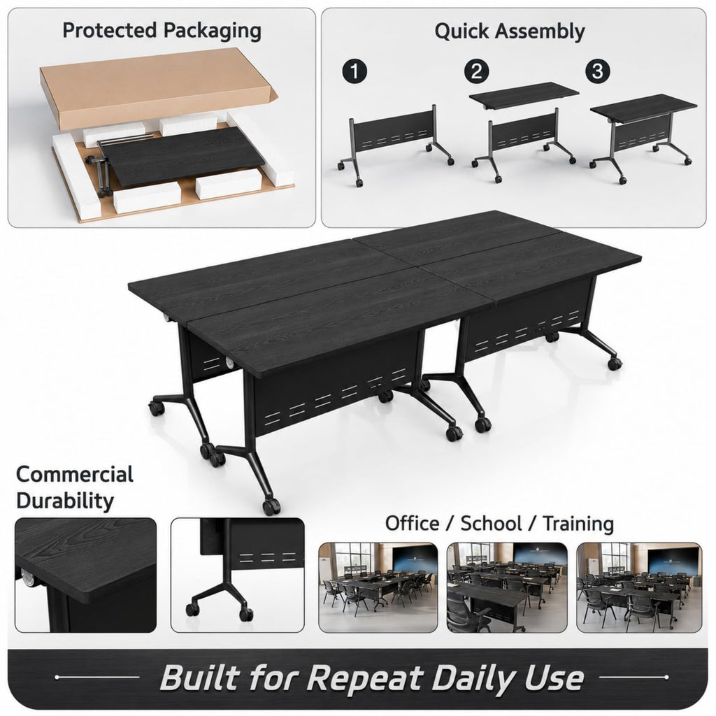 Folding Conference Table with Wheels, Flip-Top, 47.2in, 4 Pack, Oak