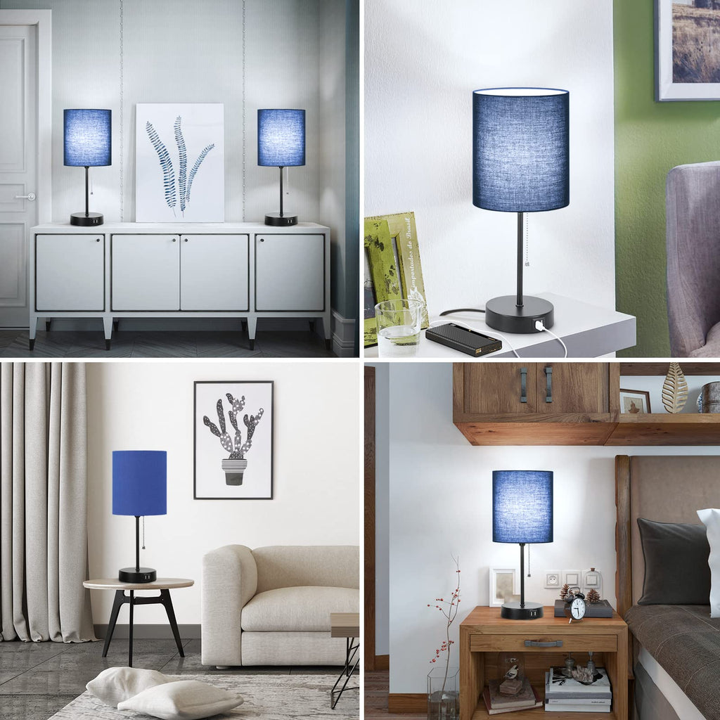 Bedside Table Lamps Set of 2 with USB Charging Ports and AC Outlet, Blue