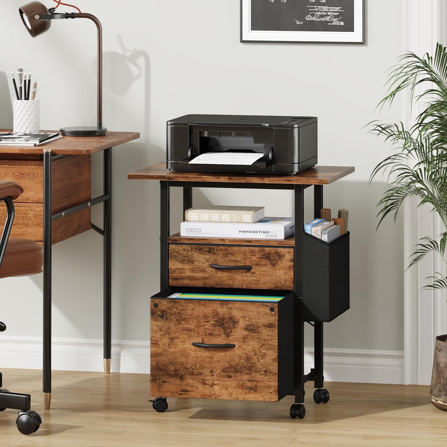 2 Drawer File Cabinet with 24" Extended Desktop, Mobile Filing Cabinet, Rolling File Cabinet with Side Bag, Fabric Drawer, Fits A4/Letter Size, Printer Stand Home Office, Brown