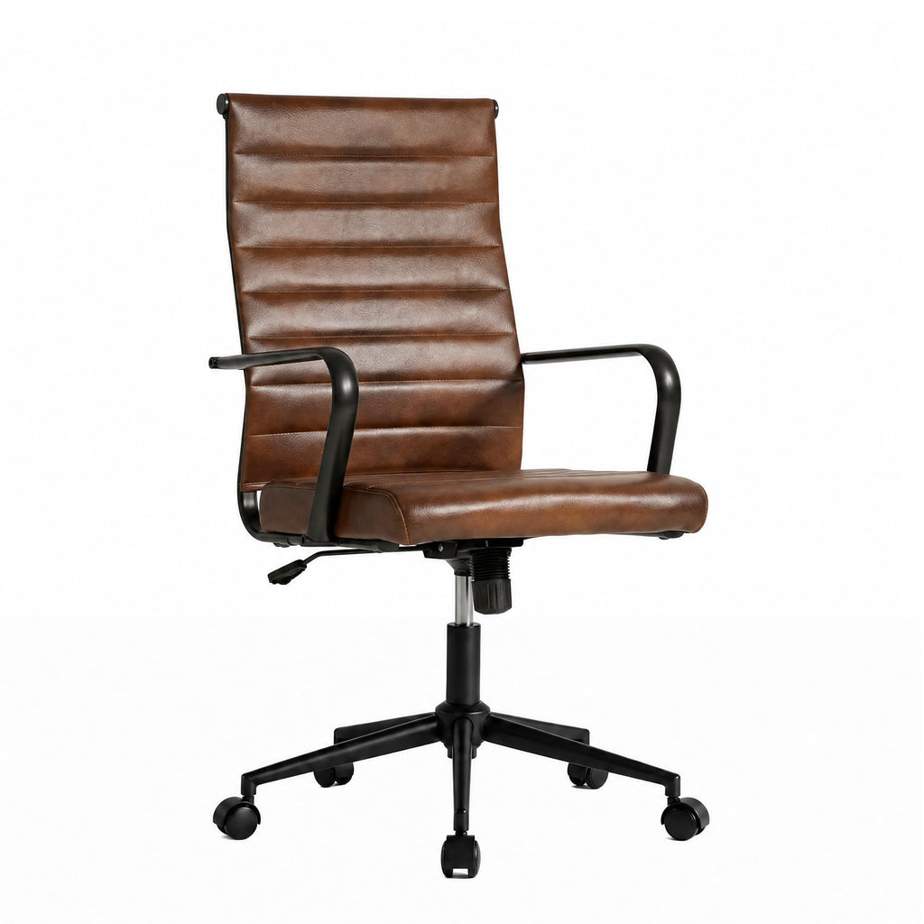 Leather Office Desk Chair, Mid-Century Modern Leather Conference Room Chairs, Ergonomic Executive Ribbed Height Adjustable Swivel Rolling Chair for Home Office.