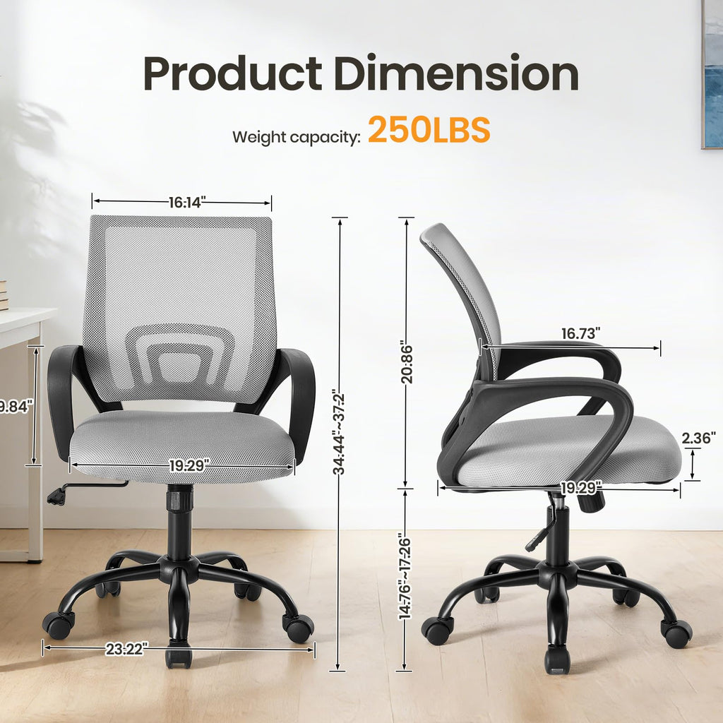 2 Pack, Office Desk Chair - Ergonomic Mid Back with Lumbar Support & Rocking Mode, Height Adjustable with Fixed Armrest, for Home, Computer, Gaming, Conference, Meeting Room, 360° Swivel, Grey