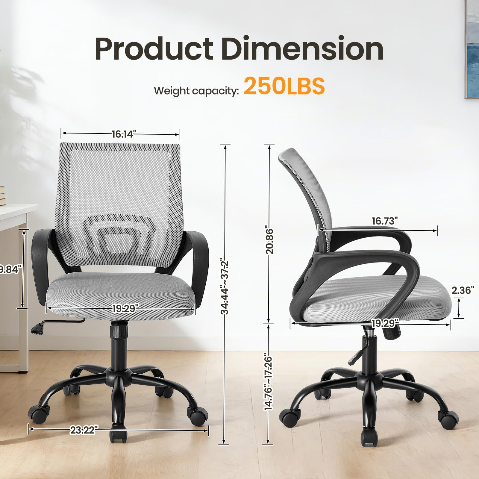 2 Pack, Office Desk Chair - Ergonomic Mid Back with Lumbar Support & Rocking Mode, Height Adjustable with Fixed Armrest, for Home, Computer, Gaming, Conference, Meeting Room, 360° Swivel, Grey