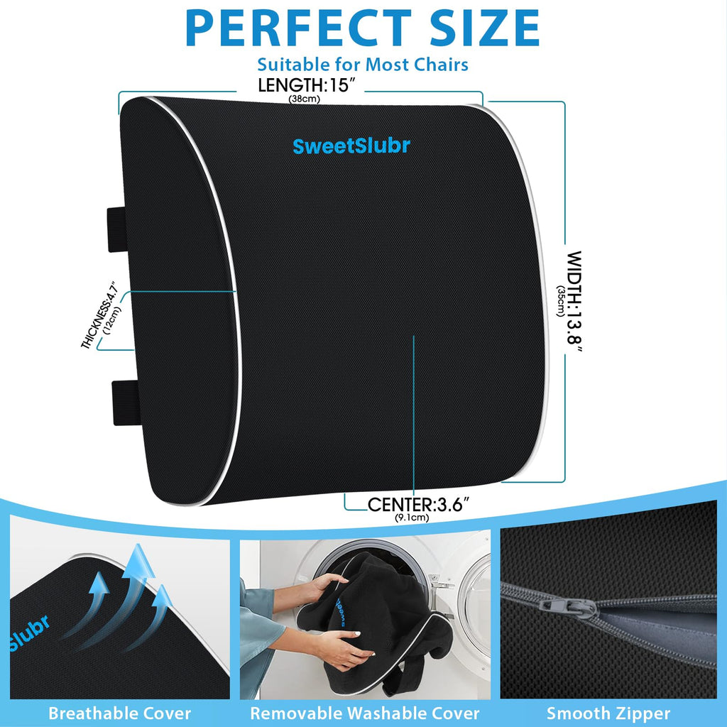 Large Lumbar Support Pillow for Office Chair, Car Seats and Home Desks, Ergonomic Back Support with Double Adjustable Straps, Machine Washable Cover (Black,XL)