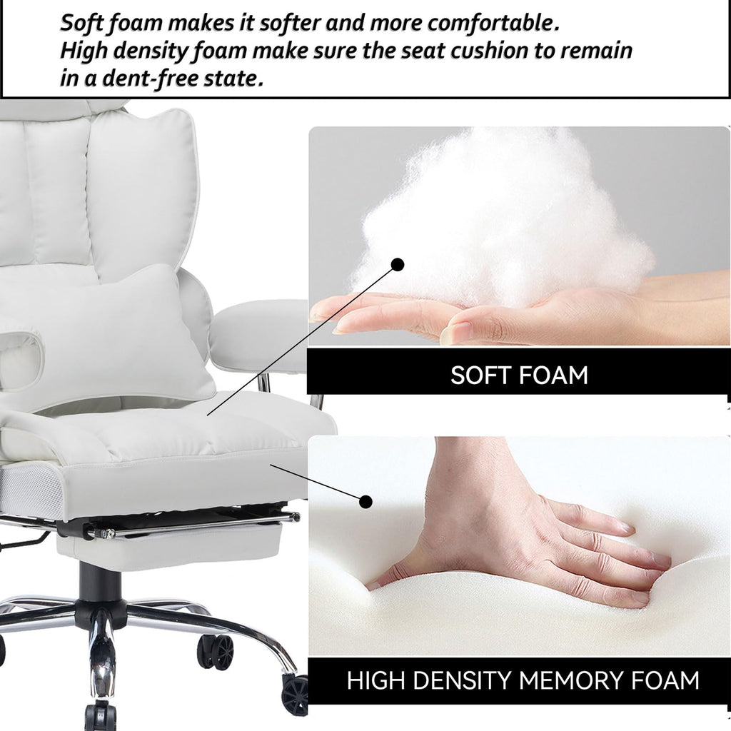 Big and Tall Office Chair 400lbs – High Back Executive Chair with Swivel Base, PU Leather Upholstery, Lumbar Pillow, Padded Armrests, and Rolling Wheels，White Computer Chair