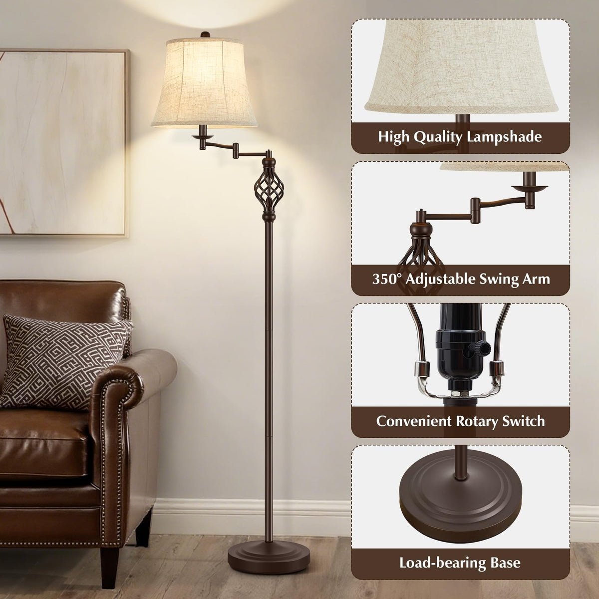 Color Temperature Adjustable Floor lamp, Traditional 350° Adjustable Swing Arm Floor Lamp Vintage Pole lamp Farmhouse Lamp for Living Rooms, Rustic Standing Lamp for Bedroom Reading(Red Brown)